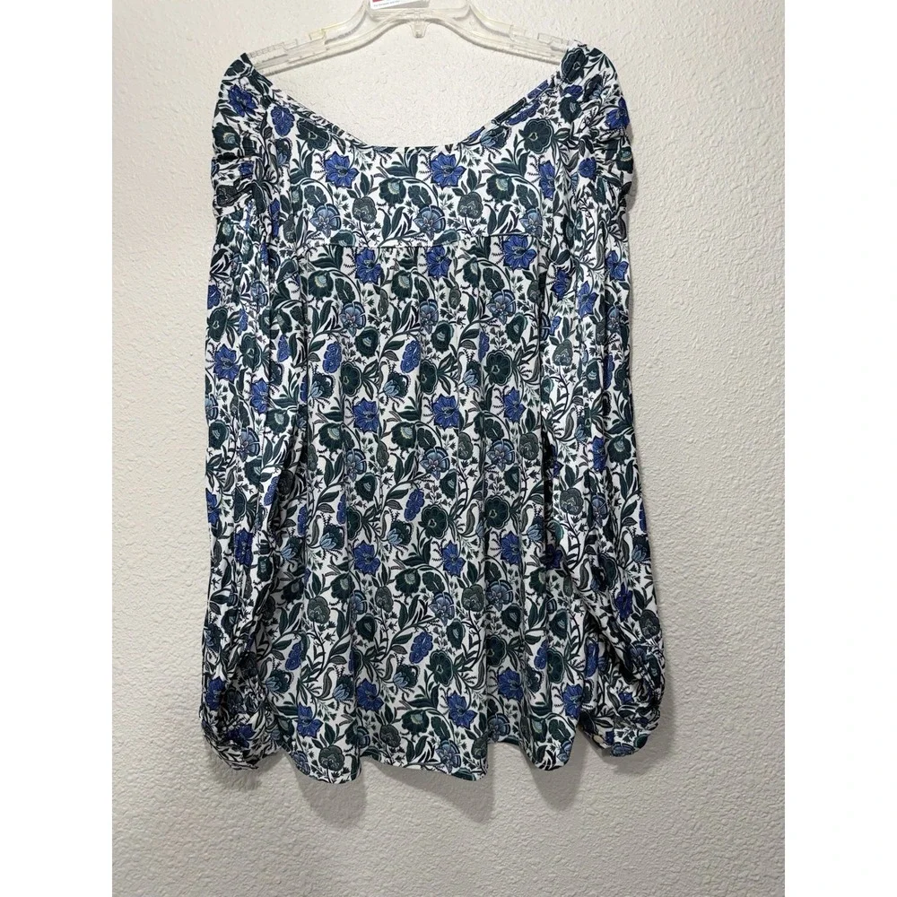 3X Lane Bryant Top Floral Curvy Plus Blouse Colorful Blue Long Sleeve